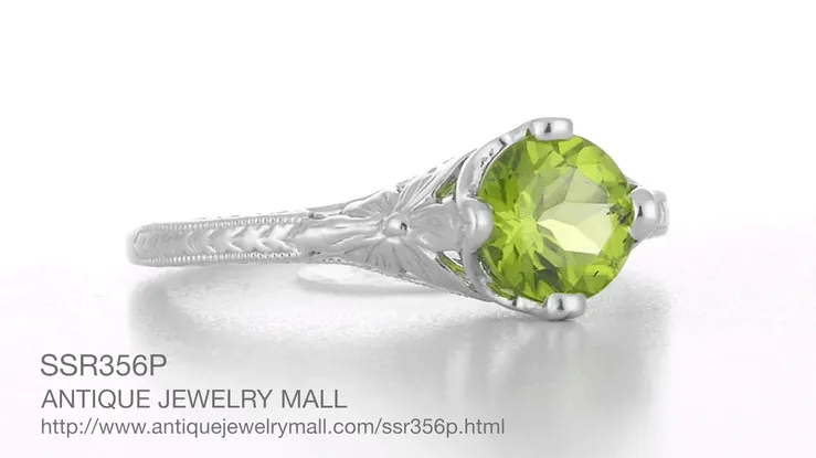 Art Deco Flowers & Wheat Engraved Peridot Promise Ring in Sterling Silver | Vintage Replica