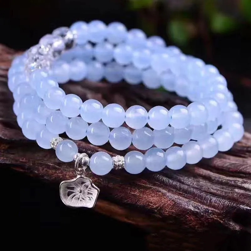 Blue Crystal Bracelets Round Beads Lucky with Silver Flower Pendant