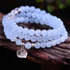 Blue Crystal Bracelets Round Beads Lucky with Silver Flower Pendant