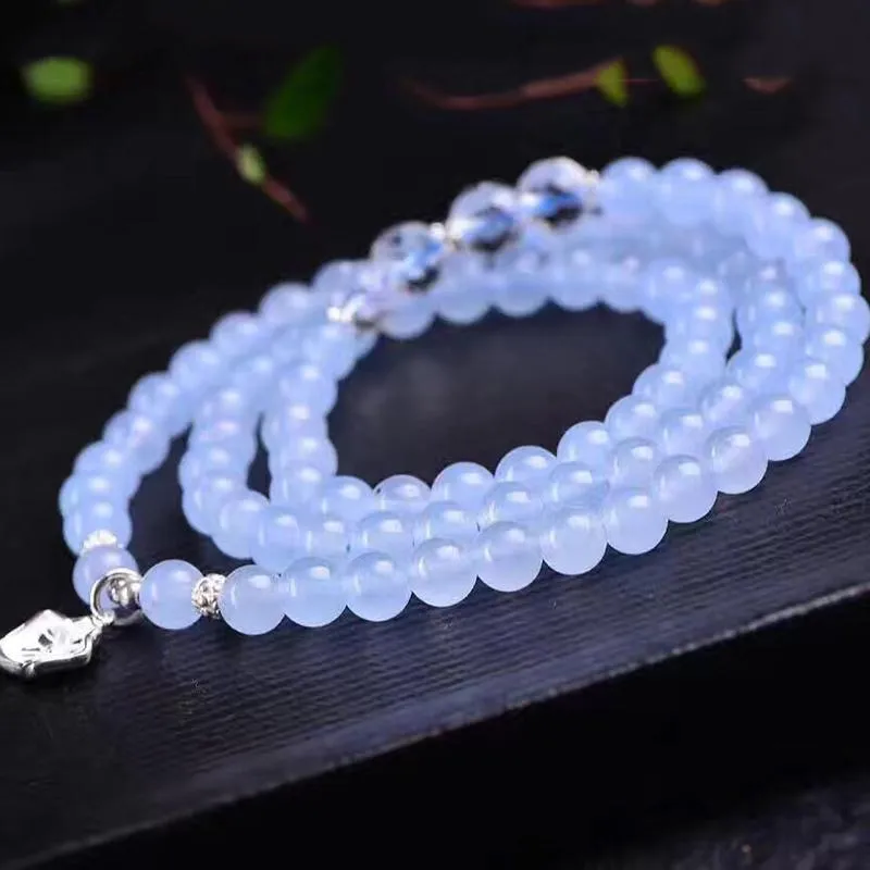 Blue Crystal Bracelets Round Beads Lucky with Silver Flower Pendant