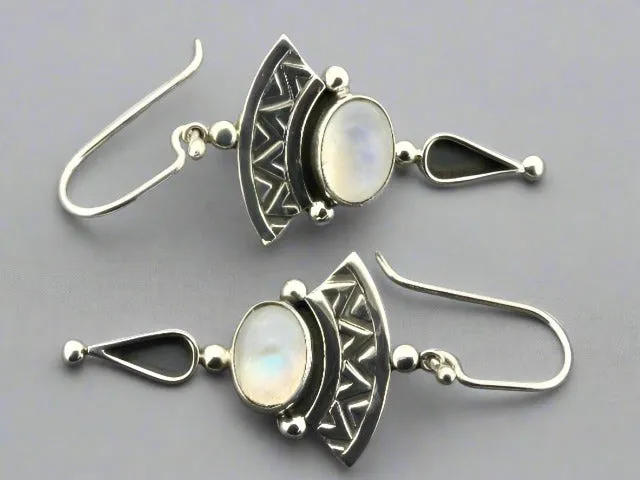 silver aztec drop earring with moonstone