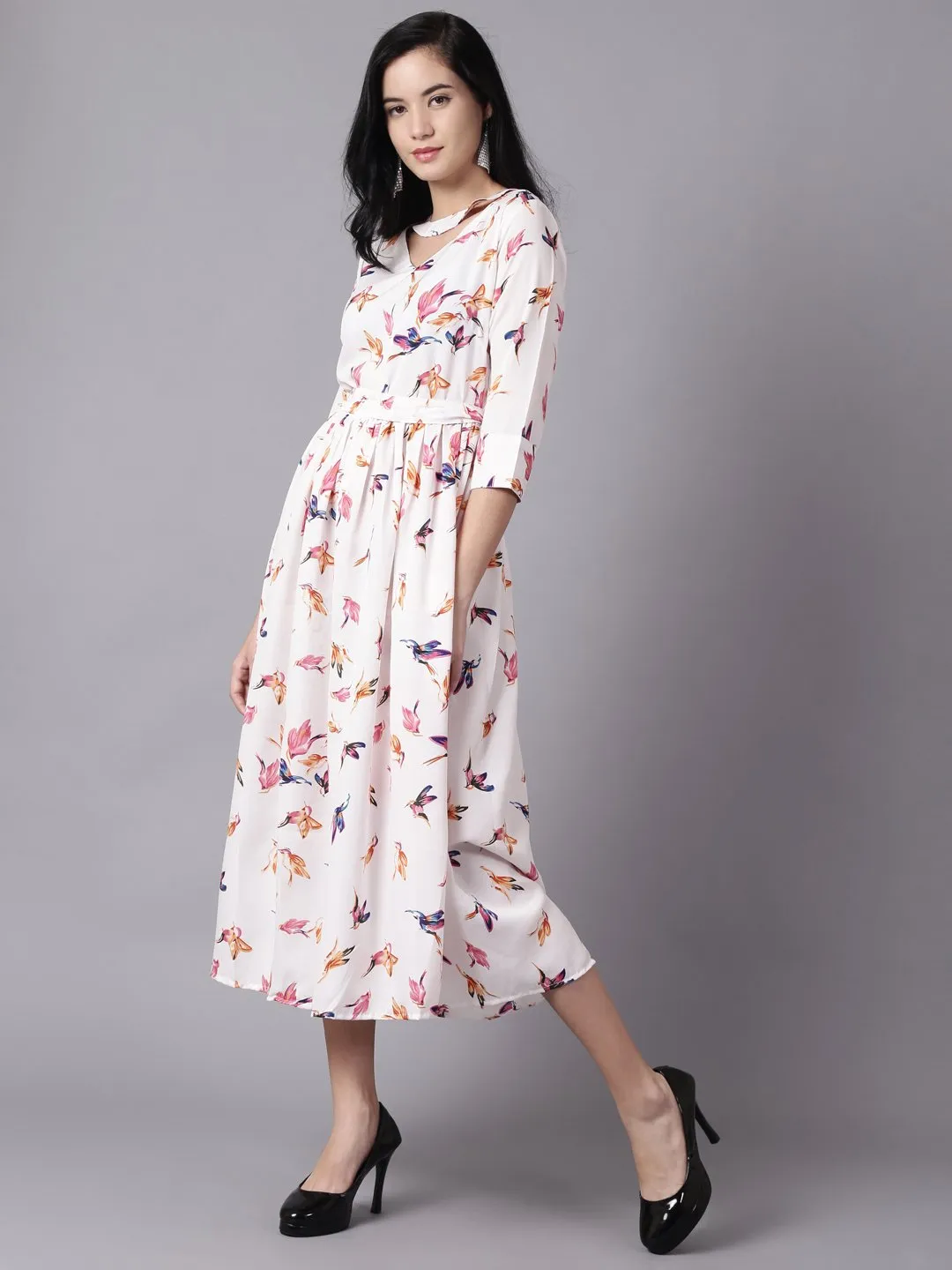 Women Off-White Floral Printed Choker Neck A-Line Dress